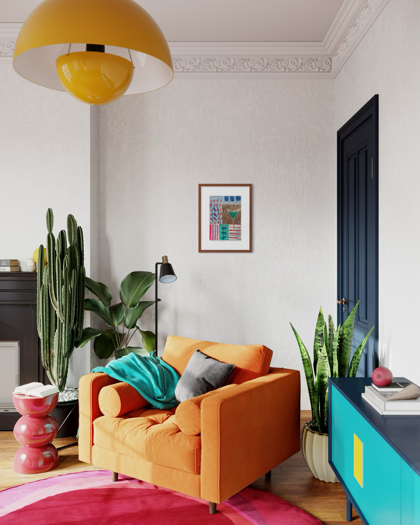 Urban Geometry – Abstract Geometric Painting with Red Flower Accent
