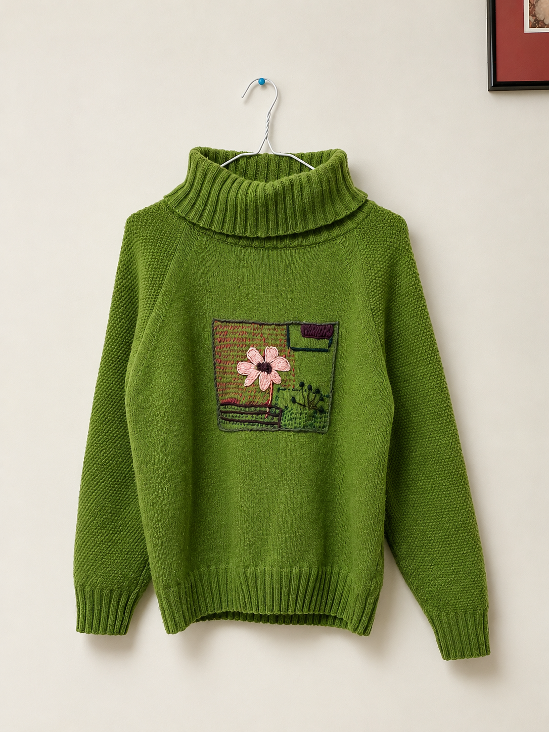 Where Memories Bloom| hand embroidered full sleeve green cardigan