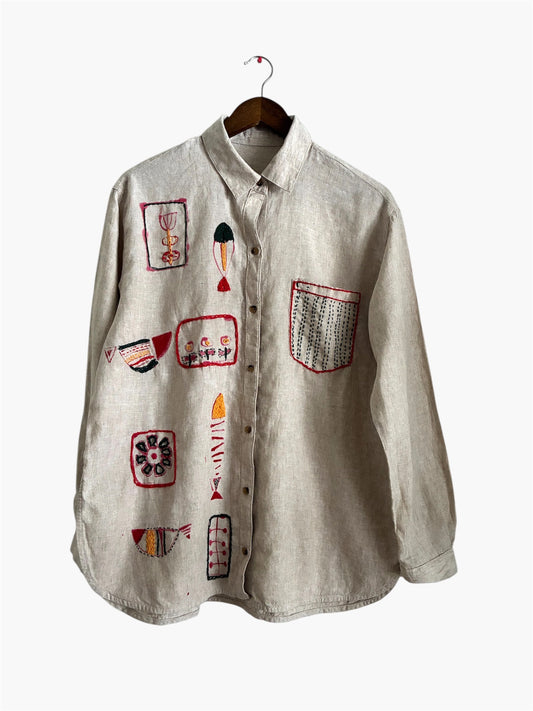 Upcycled Linen Shirt with Hand Embroidery