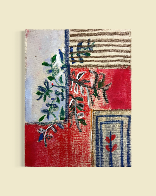 Abstract Geometric Canvas Art — Oil Pastel & Acrylic, Red Flower Accent