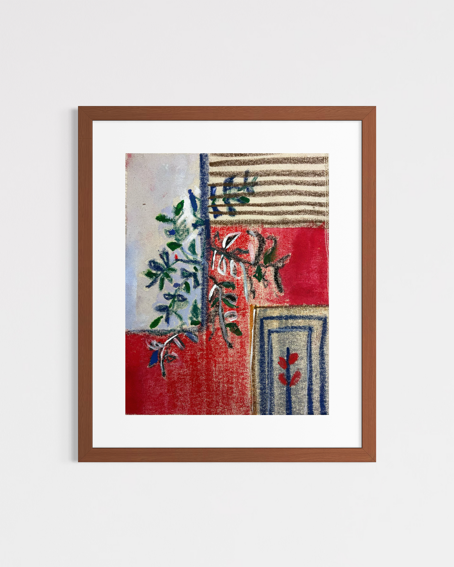 Abstract Geometric Canvas Art — Oil Pastel & Acrylic, Red Flower Accent