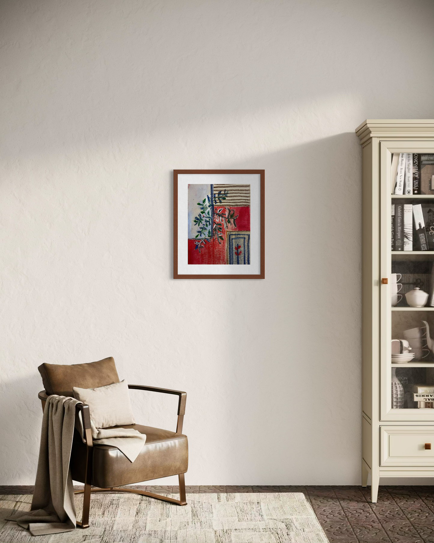 Abstract Geometric Canvas Art — Oil Pastel & Acrylic, Red Flower Accent