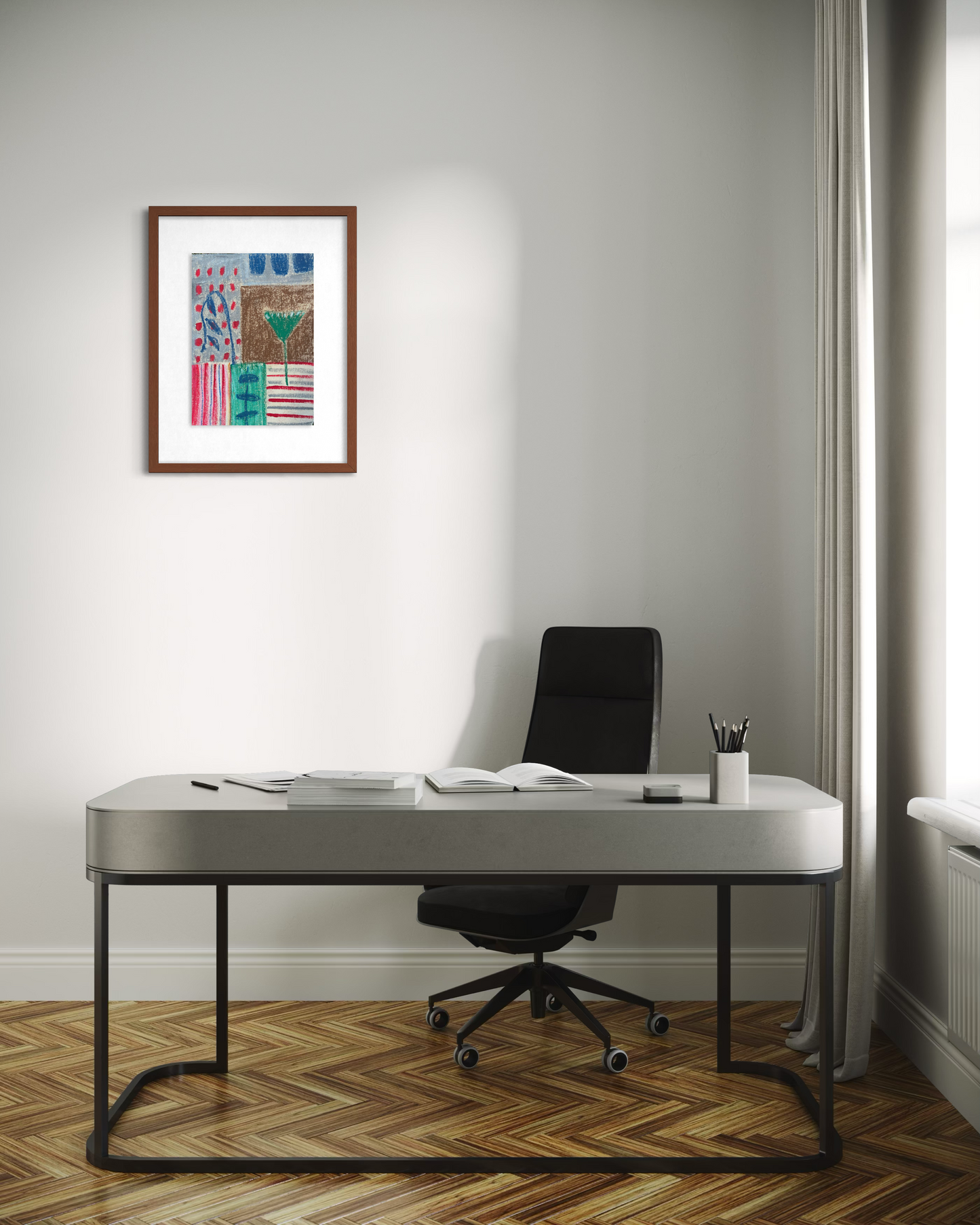 Urban Geometry – Abstract Geometric Painting with Red Flower Accent