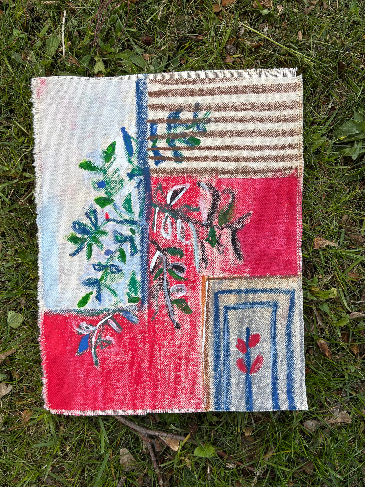 Abstract Geometric Canvas Art — Oil Pastel & Acrylic, Red Flower Accent