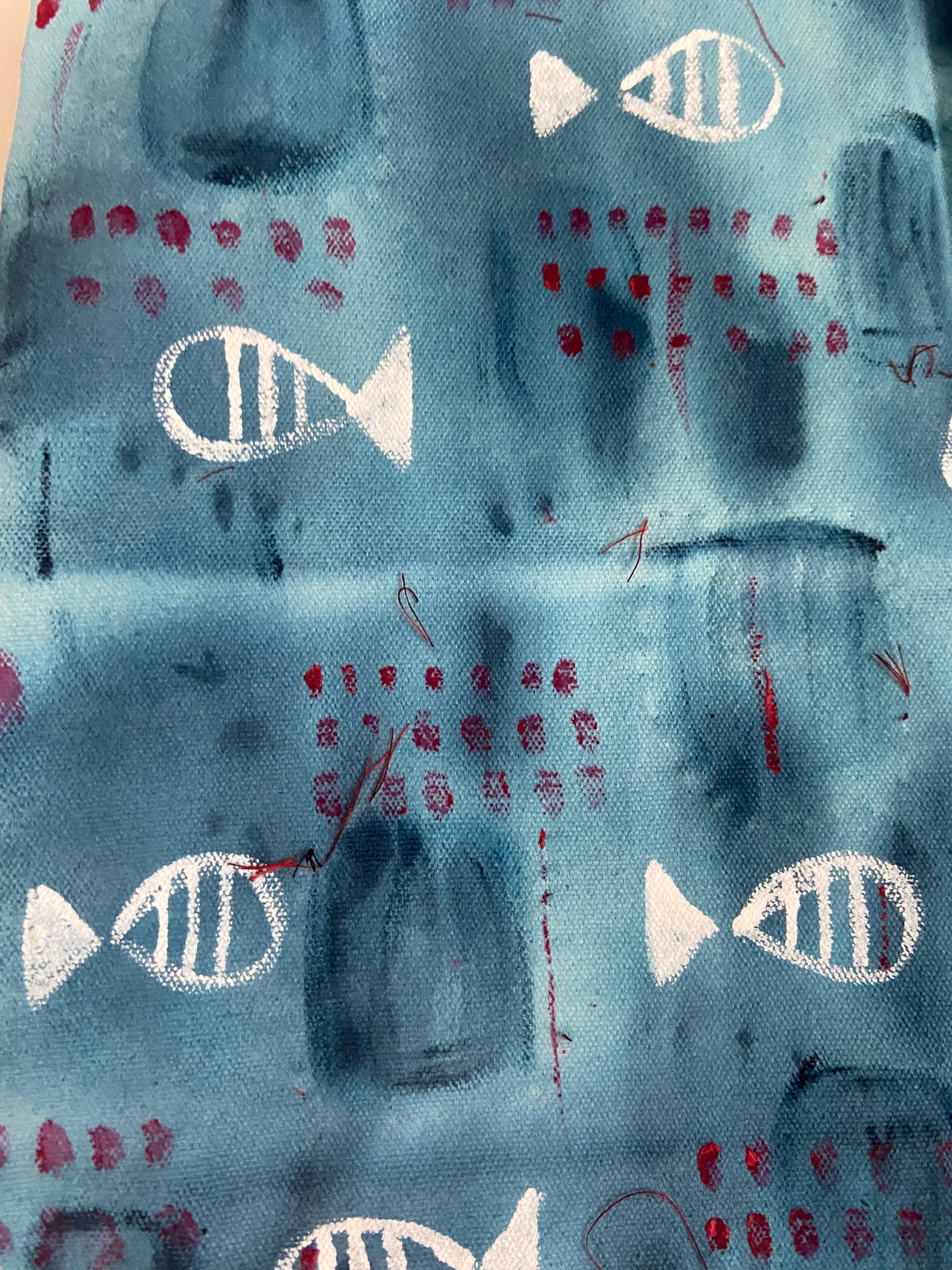 Hand-Painted Fish Motif Tote Bag featuring unique hand-painted fish designs in blue and white.
