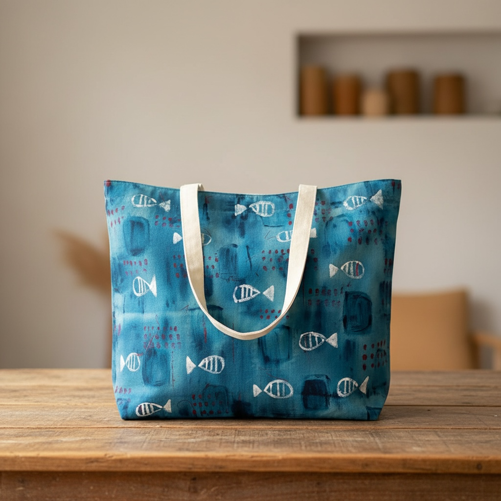 Hand-Painted Fish Motif Tote Bag