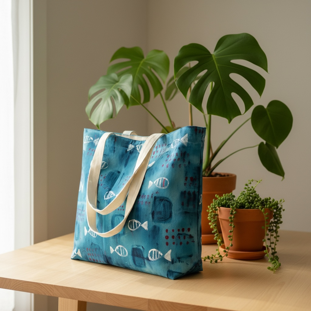 Hand-Painted Fish Motif Tote Bag