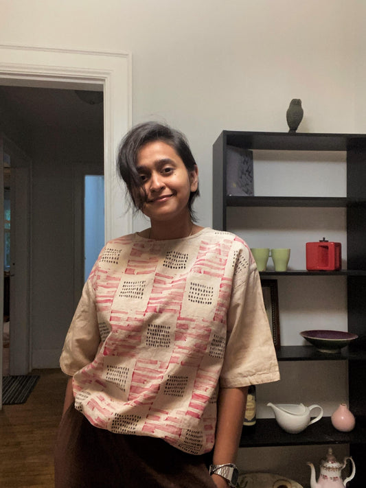 Handpainted and hand block printed cotton flex top